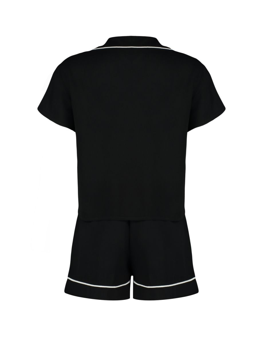 Black Piping Detailed Woven Pajama Set - 7