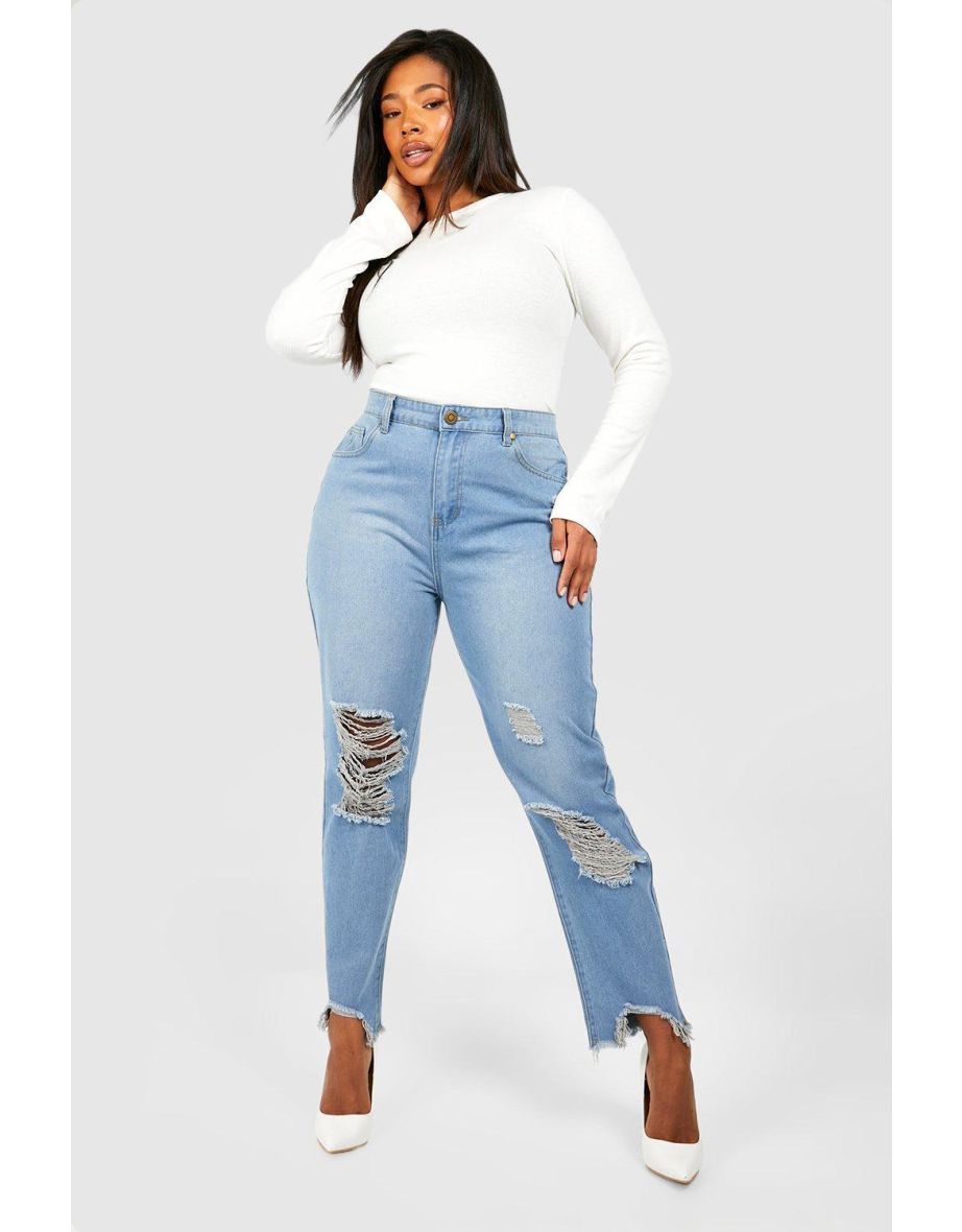 Plus Ripped Distressed High Waisted Mom Jeans - mid blue