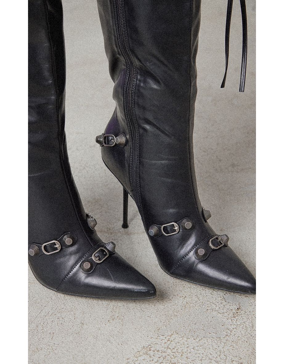 Black PU Zip Detail Point Toe Mid Heeled Knee Boots - 2