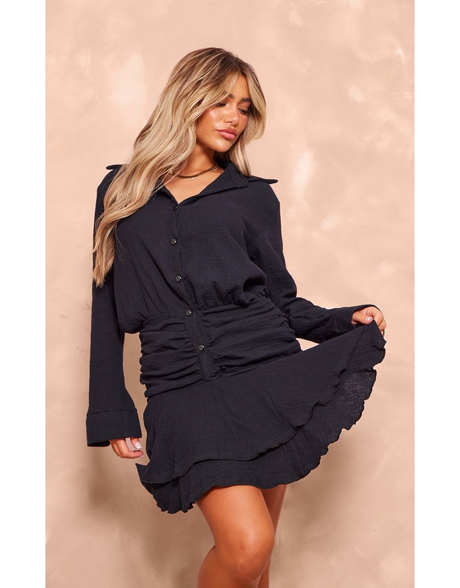 Black Oversized Shirt Frill Detail Shift Dress