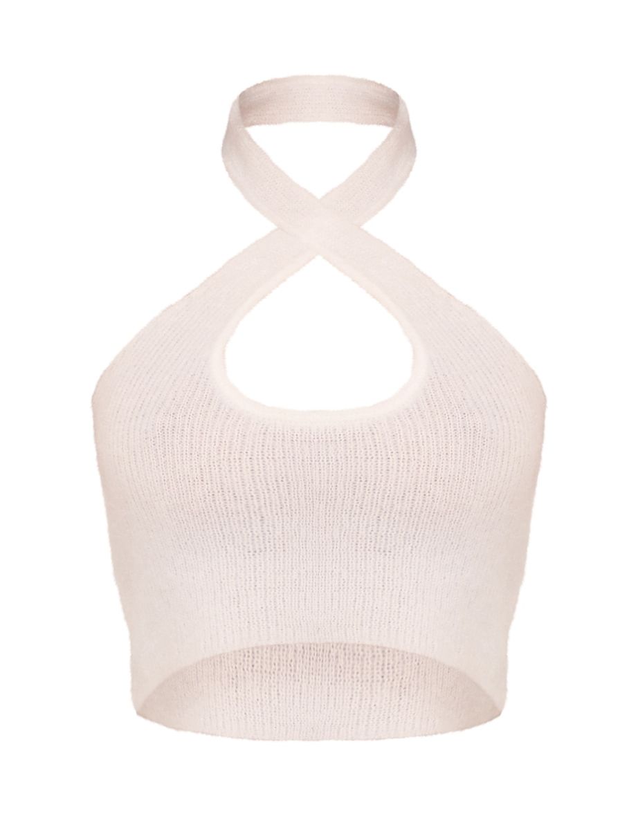White Candyfloss Knit Cross Front Crop Top - 4