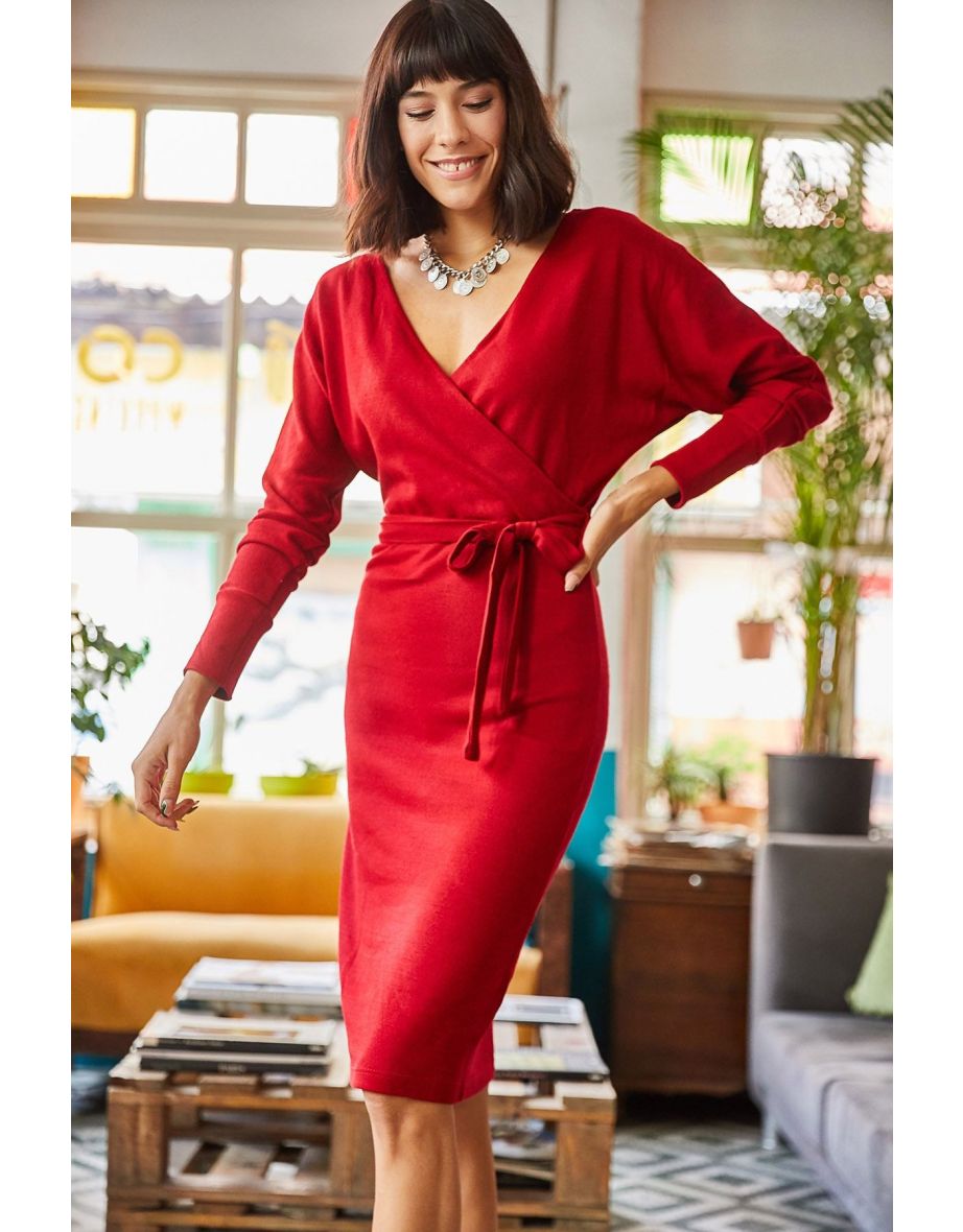 Women's Red Double Breasted Belted Knitwear Dress