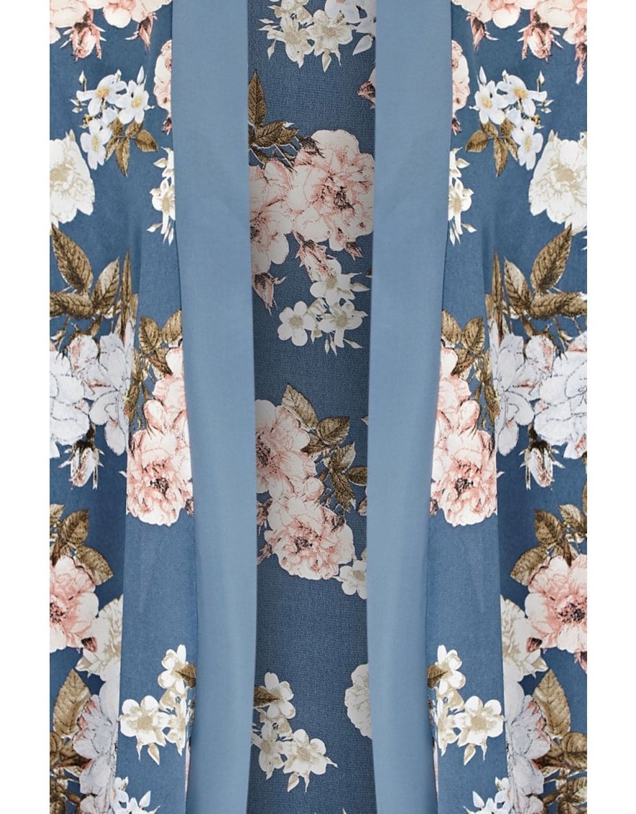 Mela Blue Curve Floral Print Satin Kimono - 1