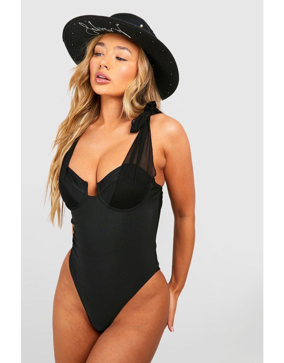Tie Shoulder Underwired Swimsuit - black