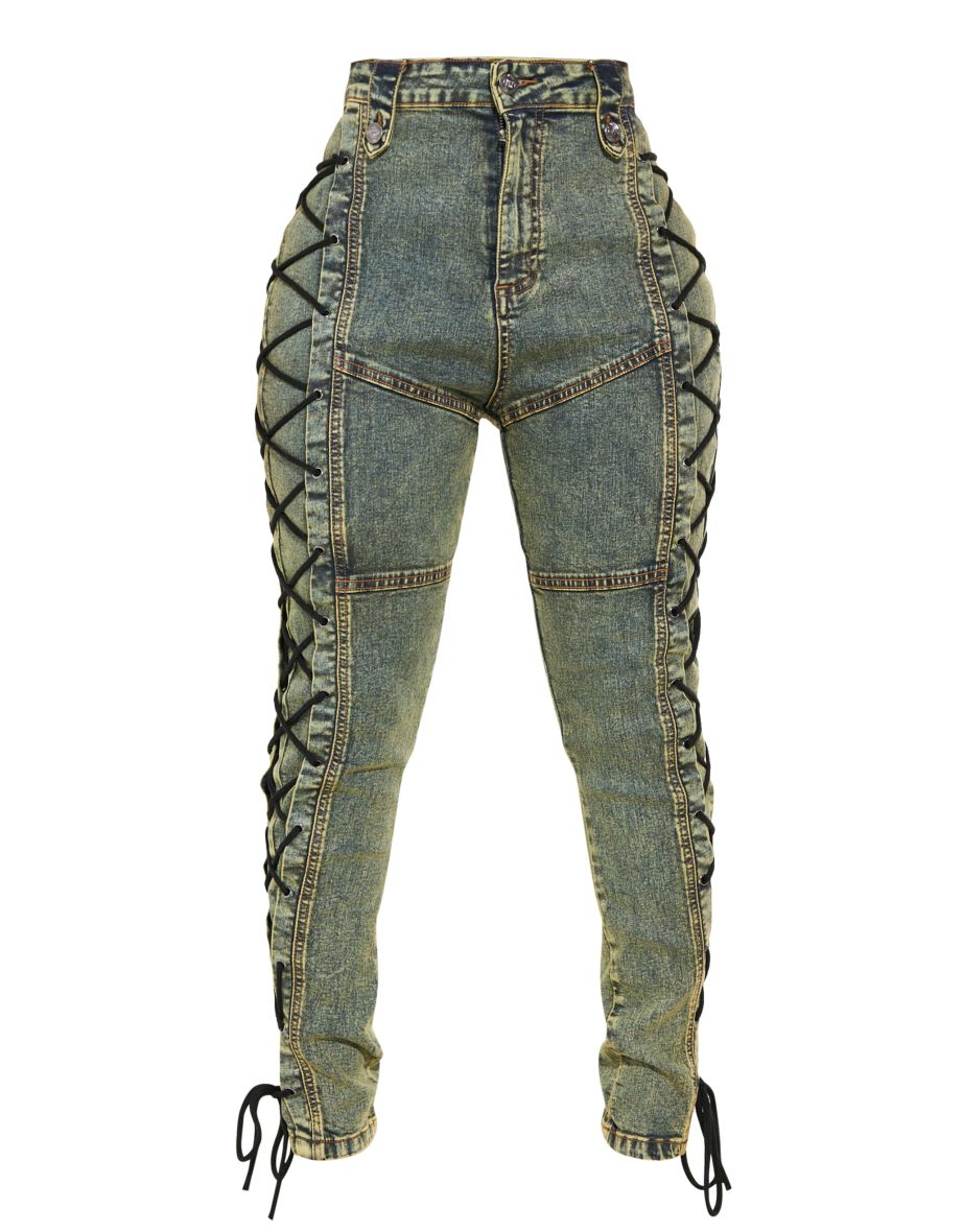 Shape Green Washed Denim Lace Up Skinny Jeans - 4