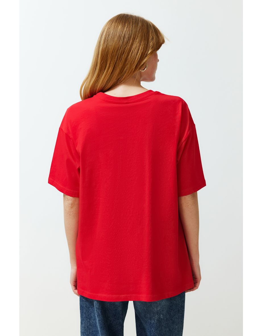 Red Printed Relaxed Crew Neck Knitted T-Shirt - 5