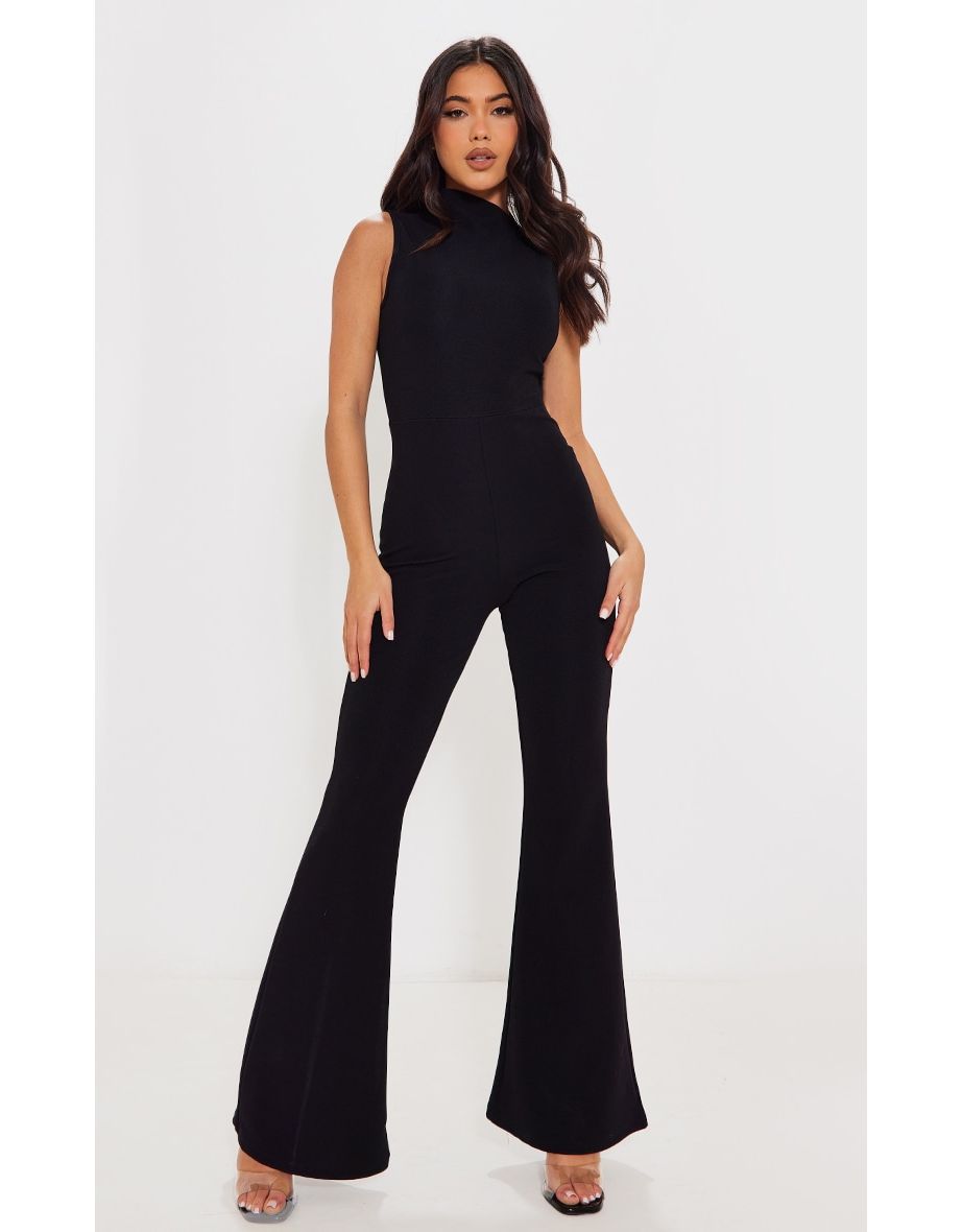 Black Stretch Rib High Neck Sleeveless Flared Leg Jumpsuit
