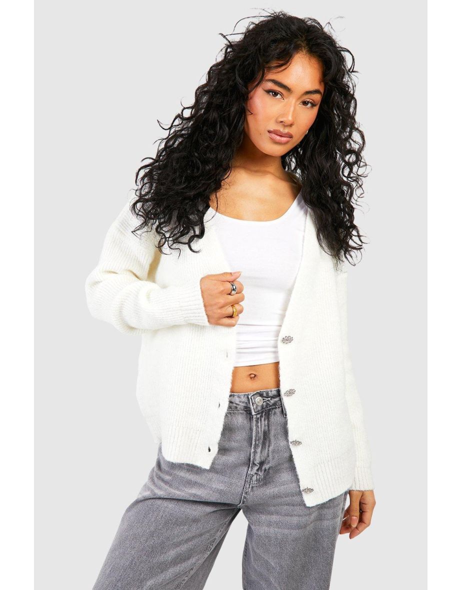 Rhinestone Button Soft Knit Slouchy Cardigan - ivory