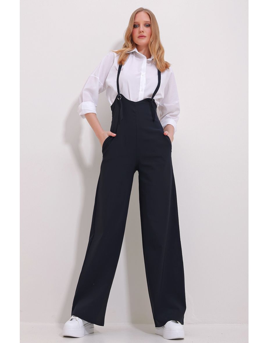 Women's Navy Blue Double Pocket Strappy Lycra Overalls Jumpsuit