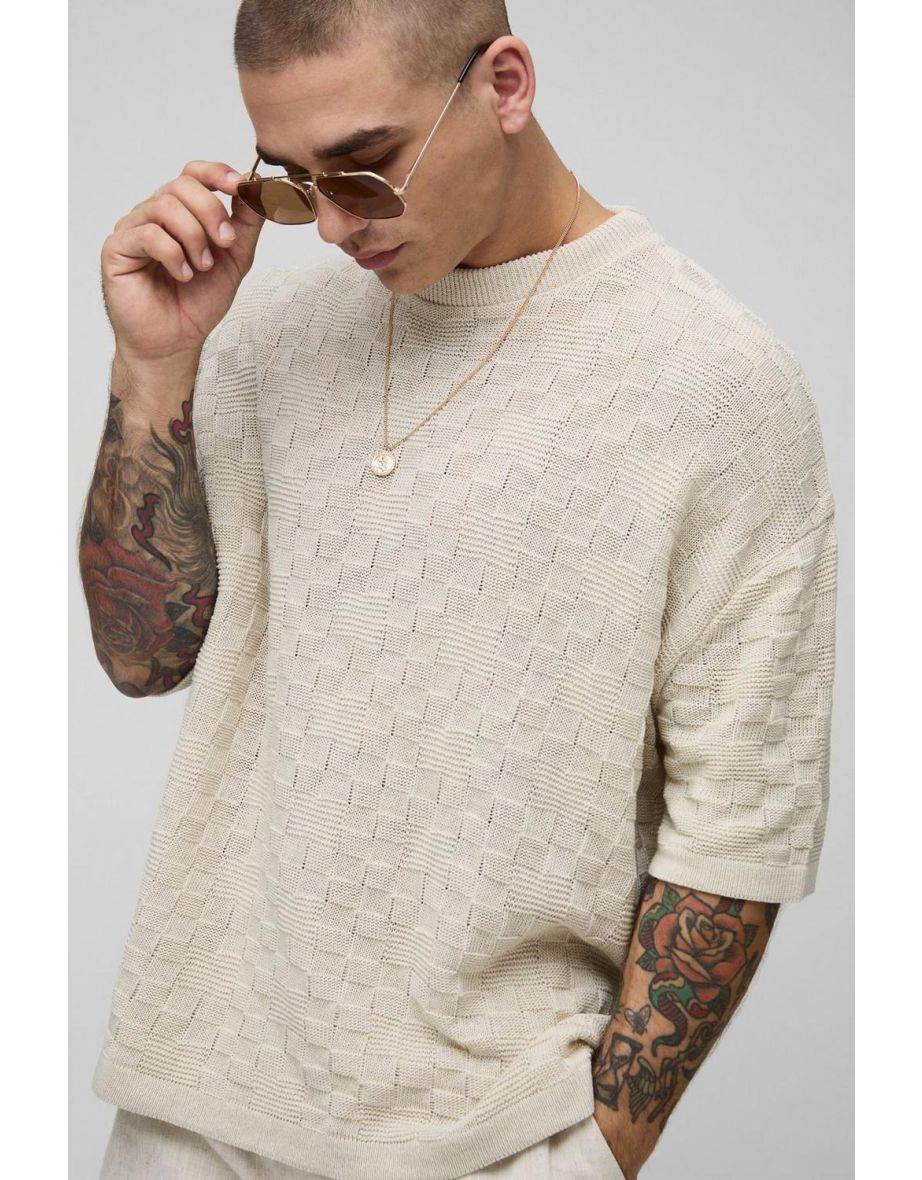 Oversized Geometric Stitch Knitted T-Shirt - stone