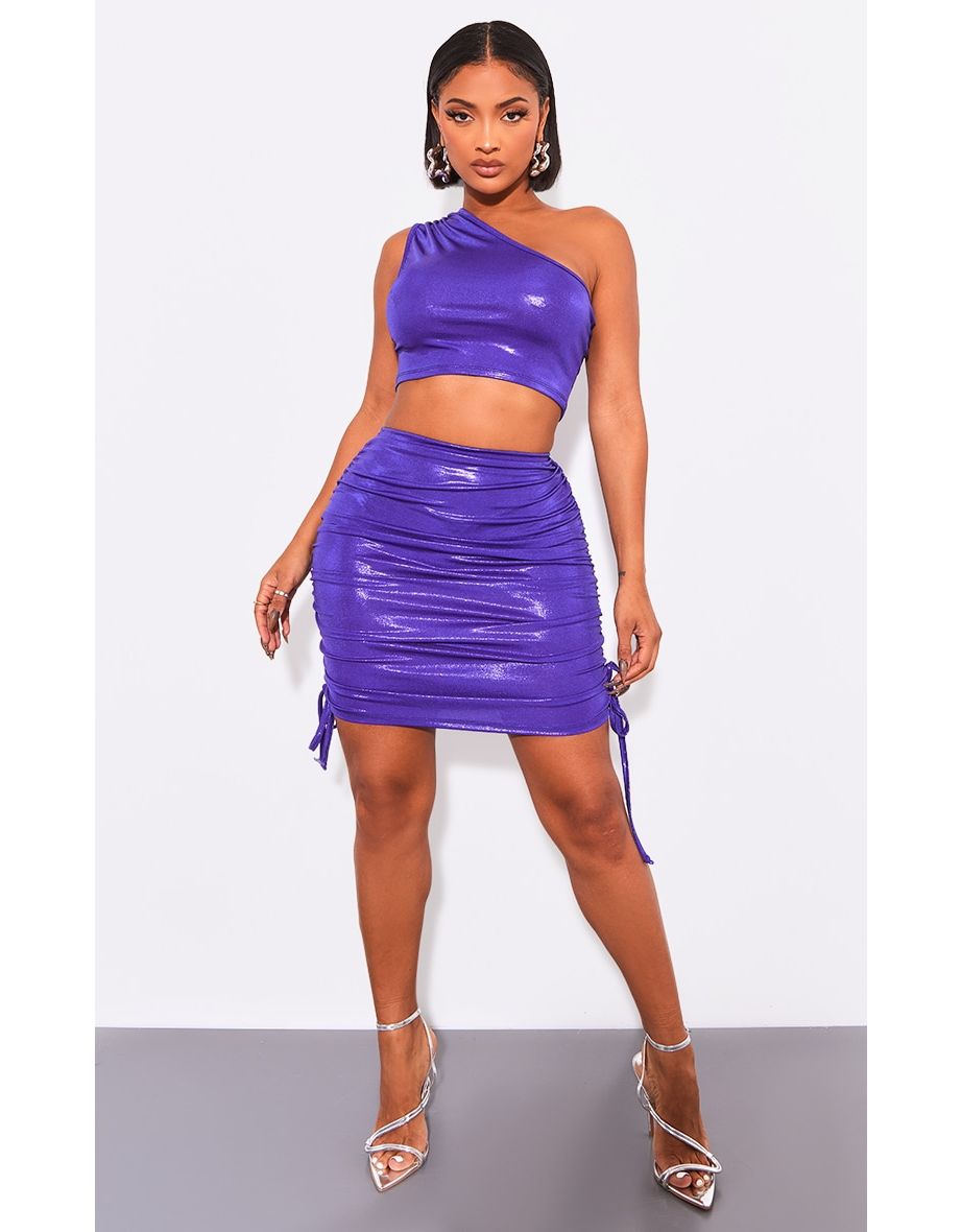 Shop Shape Purple Metallic Ruched Side Mini Skirt Online in Qatar VogaCloset