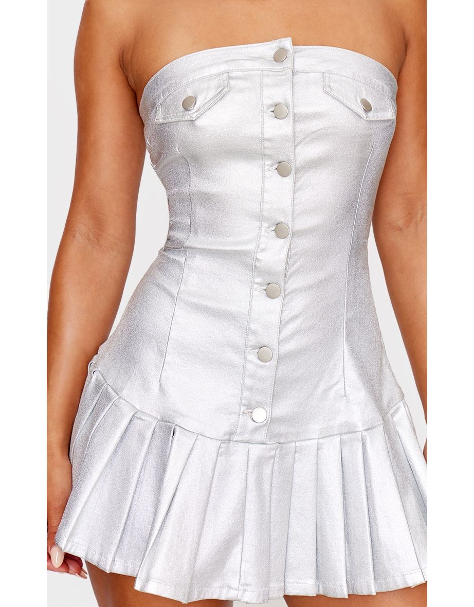 Silver Disco Stretch Denim Pleated Bandeau Skater Dress - 3