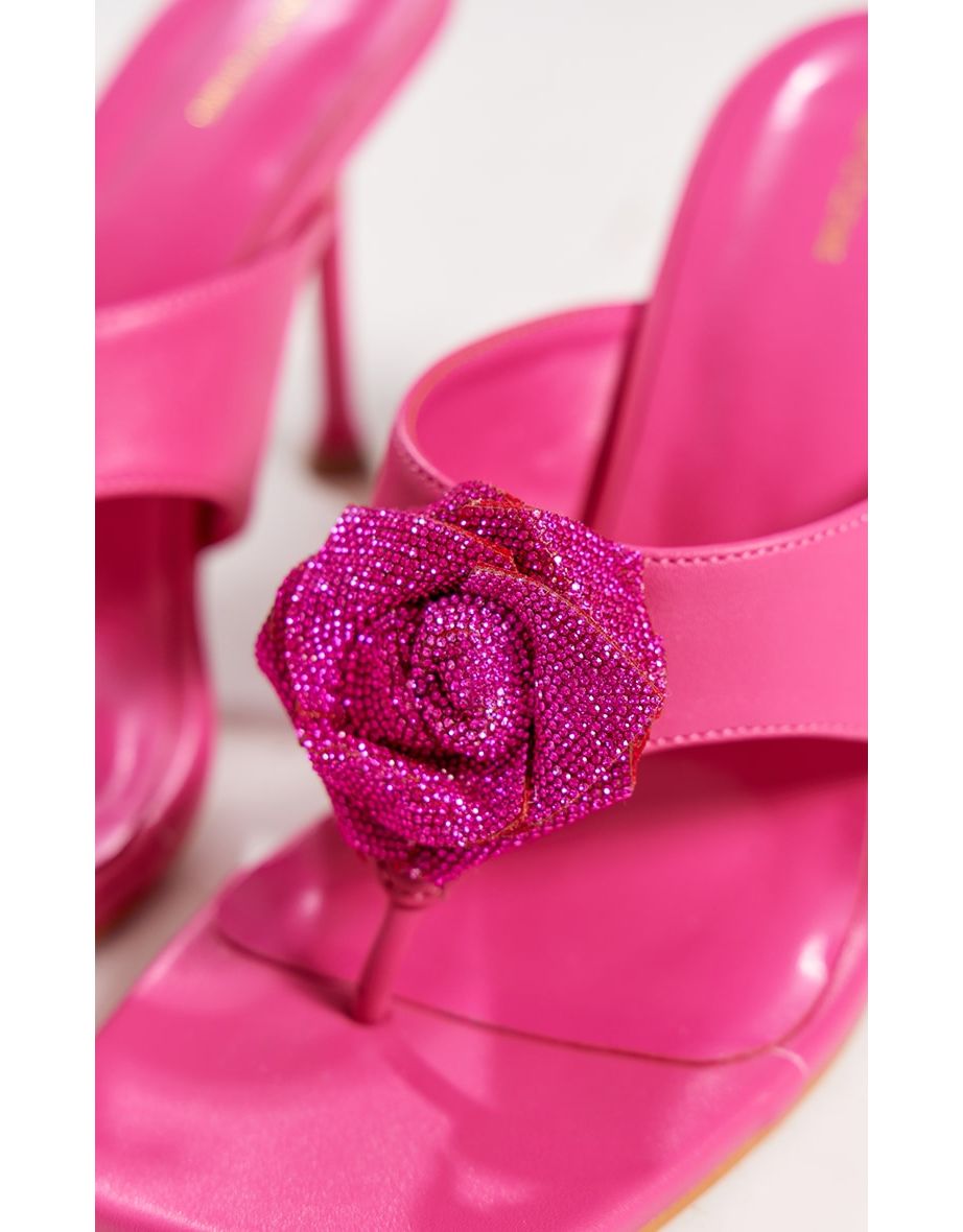 Hot Pink Pu Square Thong Toe Diamante Flower Heeled Mules - 3