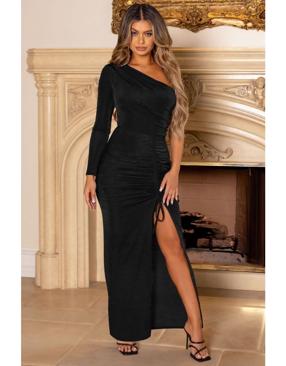 Black One Shoulder Maxi Dress With Ruching Into Side Split - 2