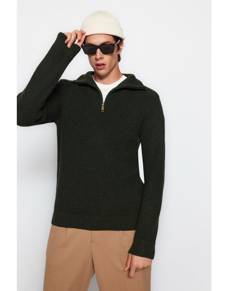 Khaki Regular Fit Zippered Turtleneck Knitwear Sweater