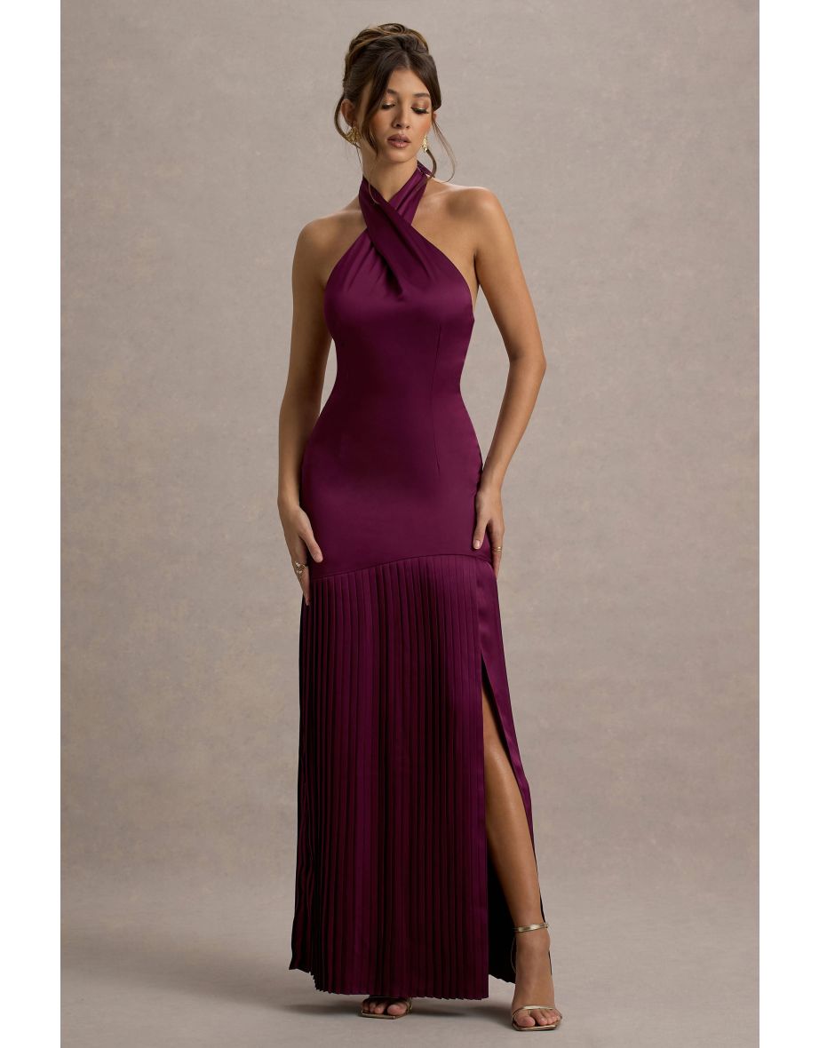 Sansa | Pink Satin Cross Halter-Neck Plisse Maxi Dress