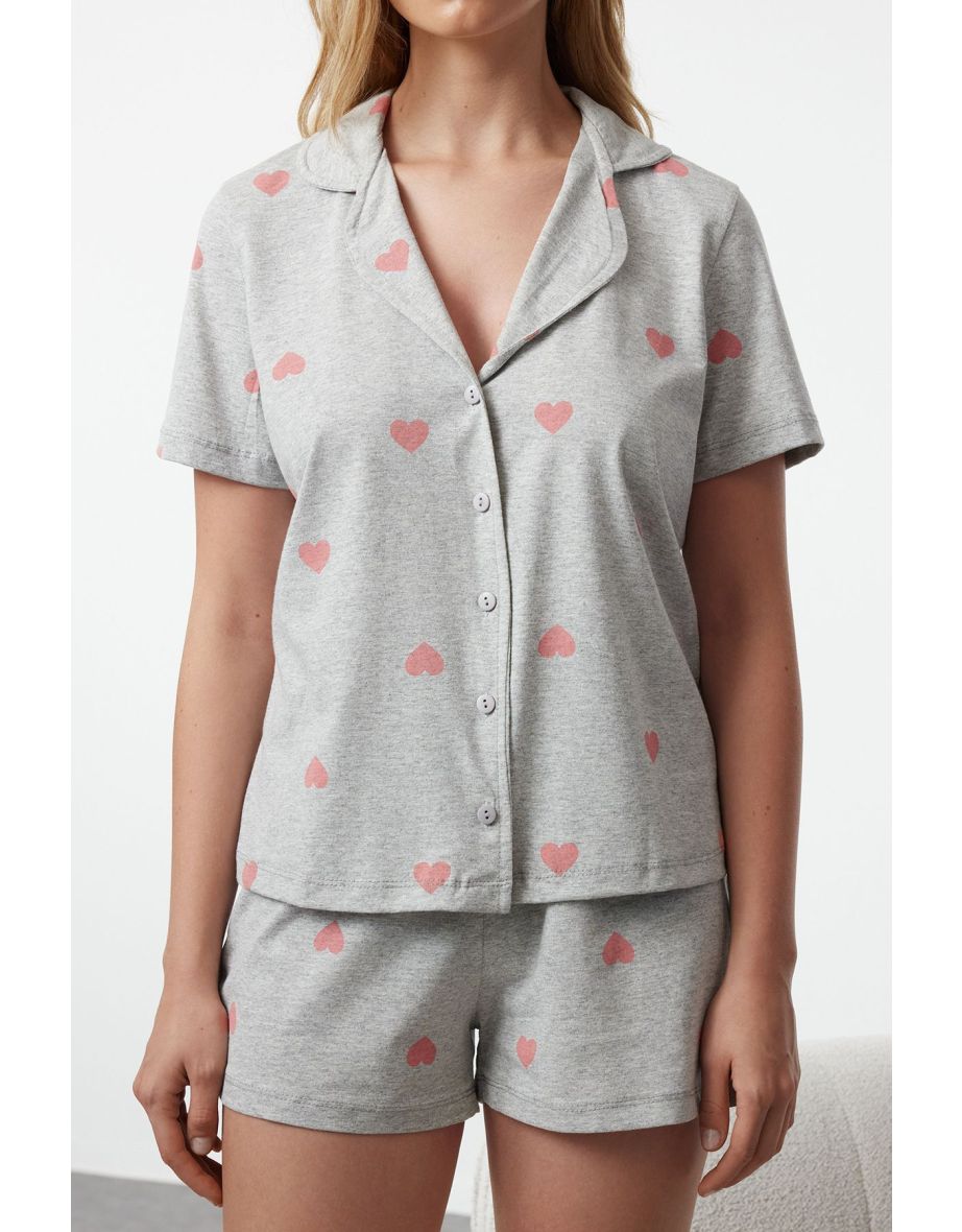 Gray Melange 100% Cotton Heart Single Jersey Knitted Pajama Set - 4