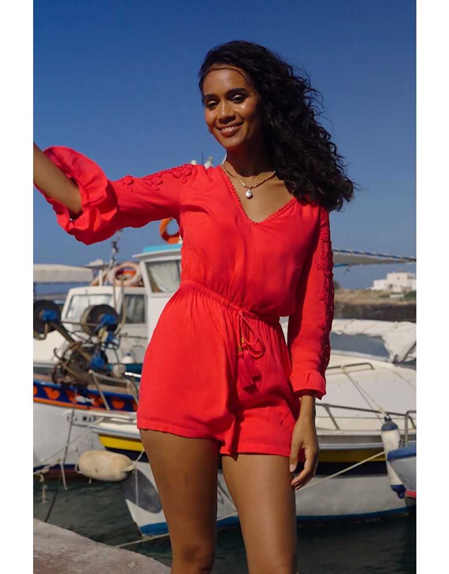 Coral Crochet Sleeve Tassel Detail Playsuit - 4