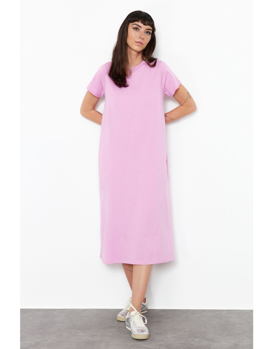 Pink Pocket Crew Neck A-Line Knitted Dress