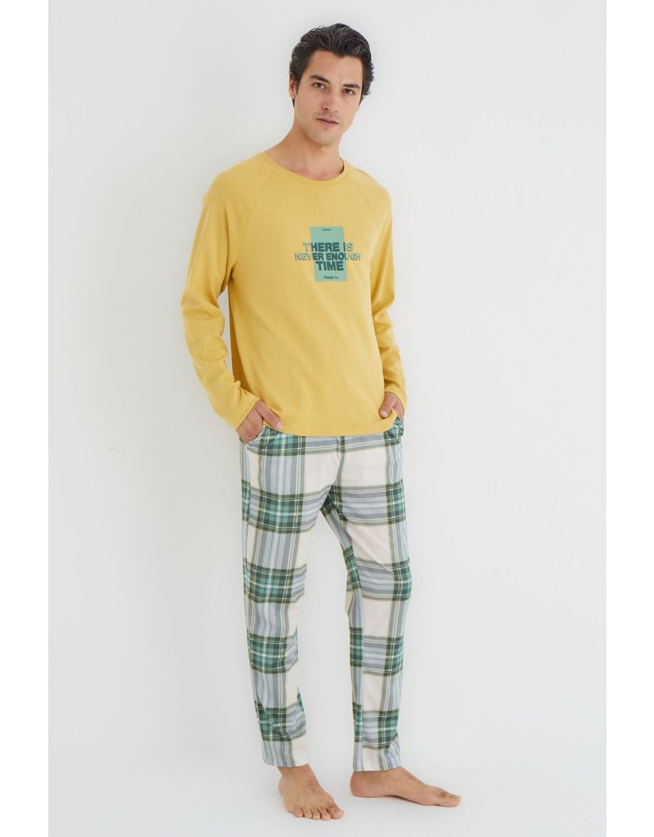 Yellow Regular Fit Plaid Knitted Pajamas Set