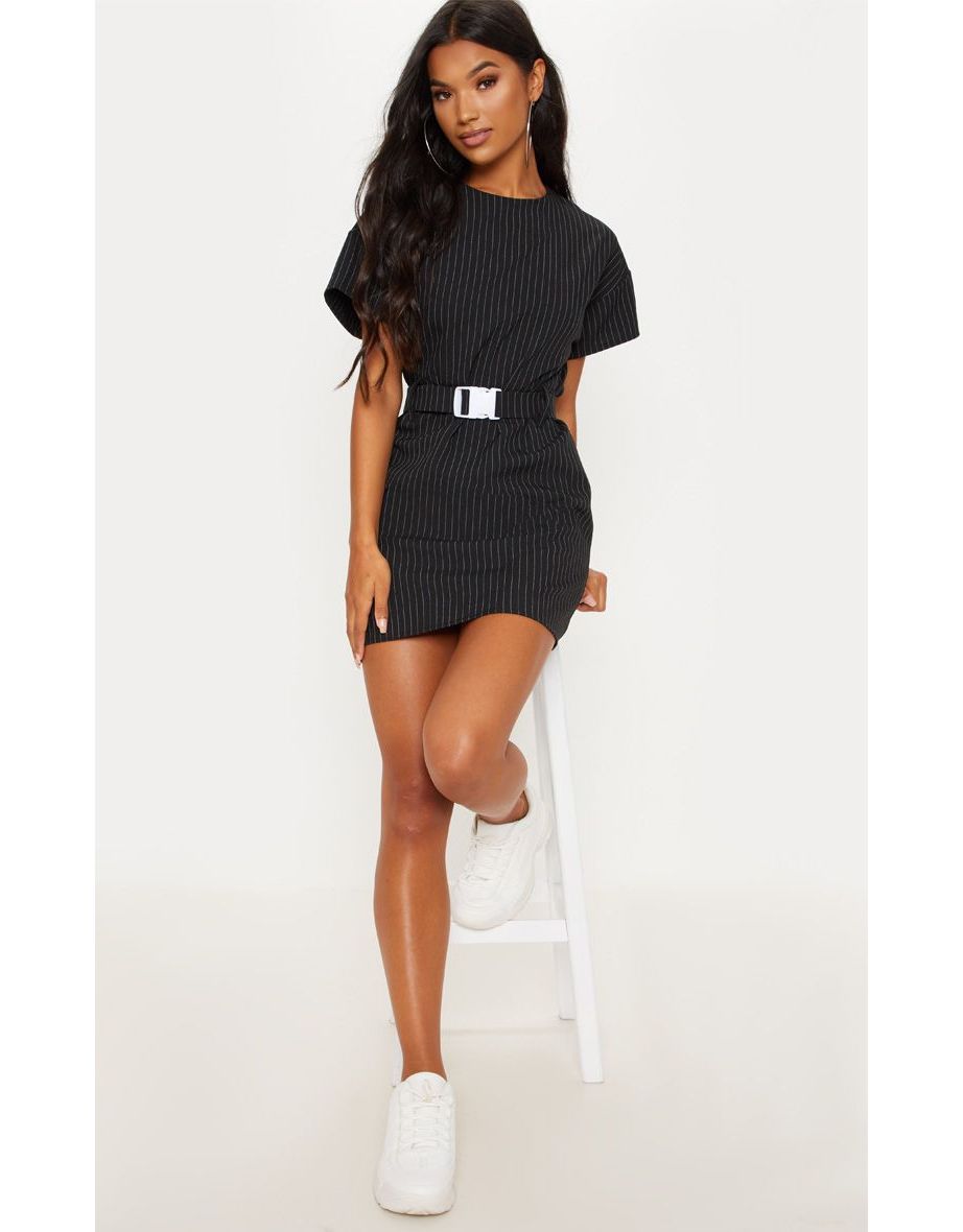 Black pin stripe shop belt t shirt dress