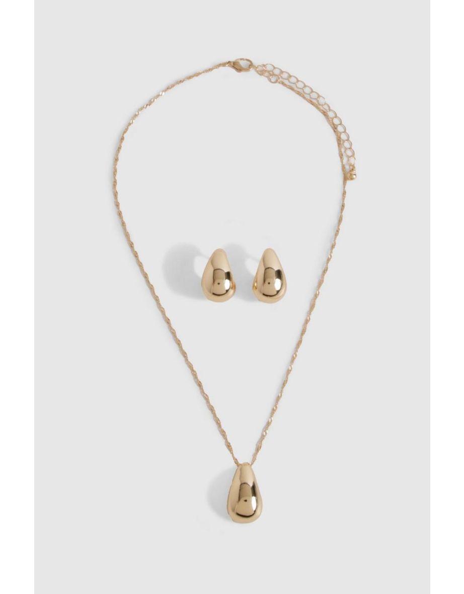 Gold Chunky Tear Drop Necklace & Earring Set - 1