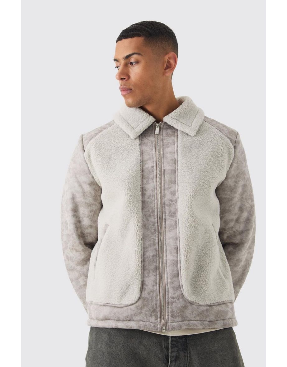 Washed Pu And Borg Panel Harrington Jacket In Grey - grey - 2