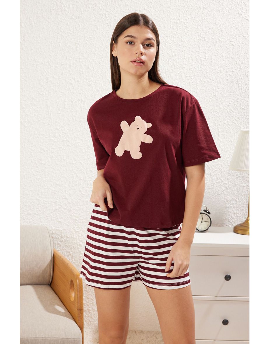 Claret Red 100% Cotton Teddy Bear Shorts Knitted Pajama Set