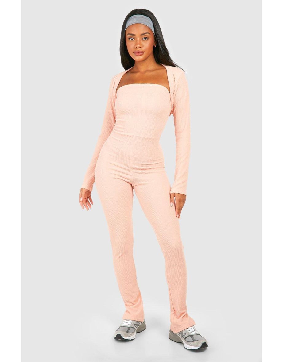 Ribbed Bandeau Split Hem Jumpsuit & Cropped Bolero - dusty rose