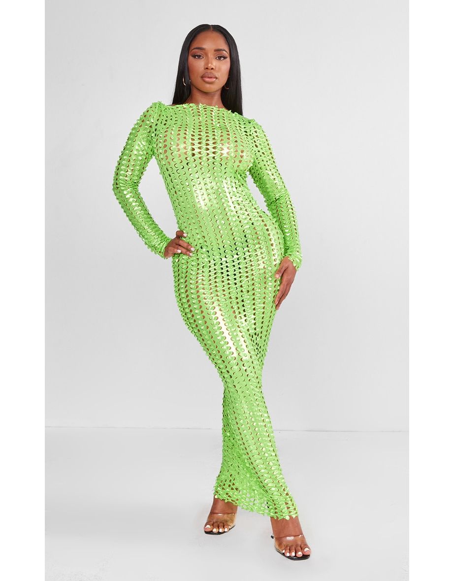 Shop Shape Neon Green Textured Detail Long Sleeve Maxi Dress Online in Bahrain VogaCloset