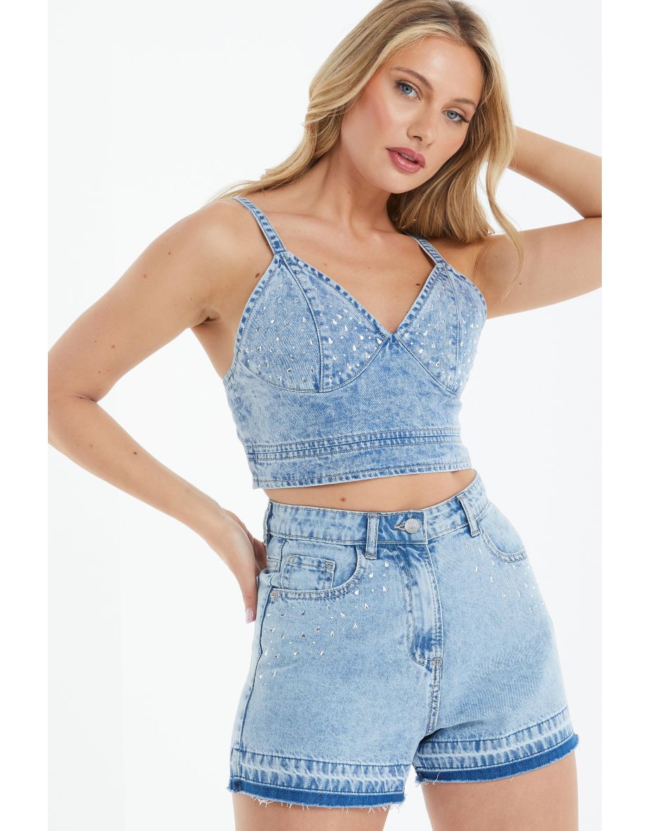 Light Blue Denim Diamante Crop Top