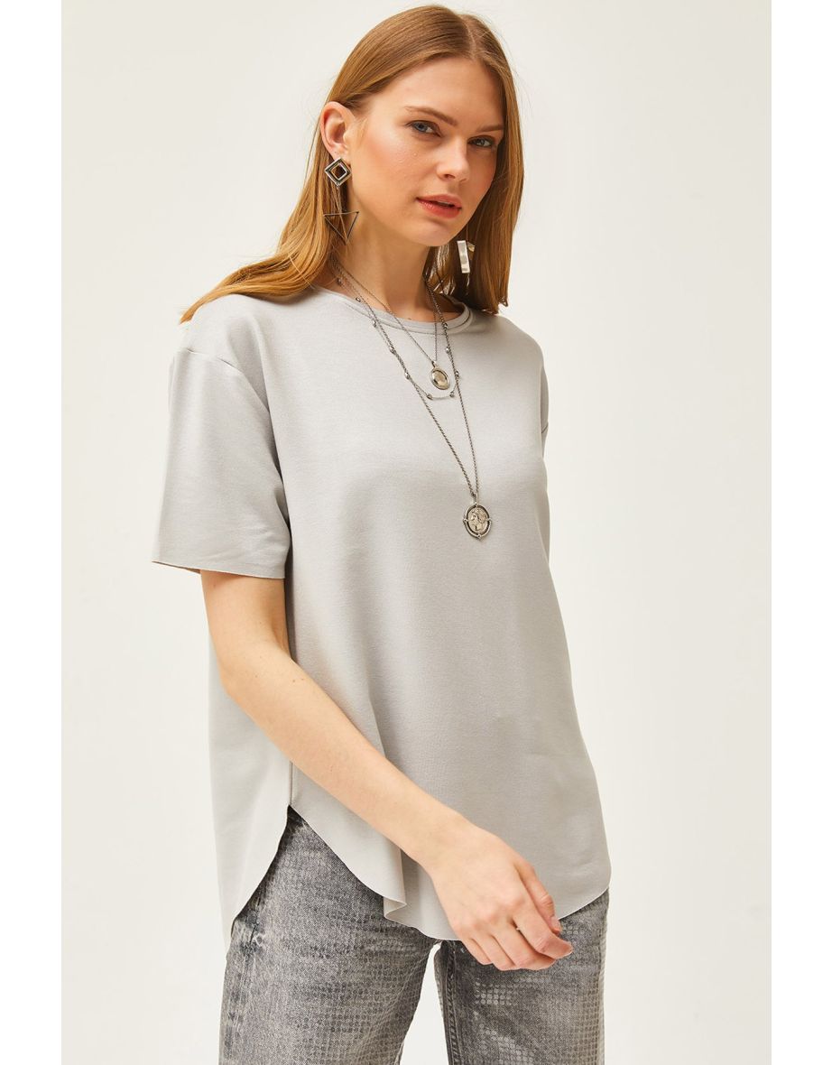 Women's Gray Modal Touch Soft Textured Six Oval T-Shirt