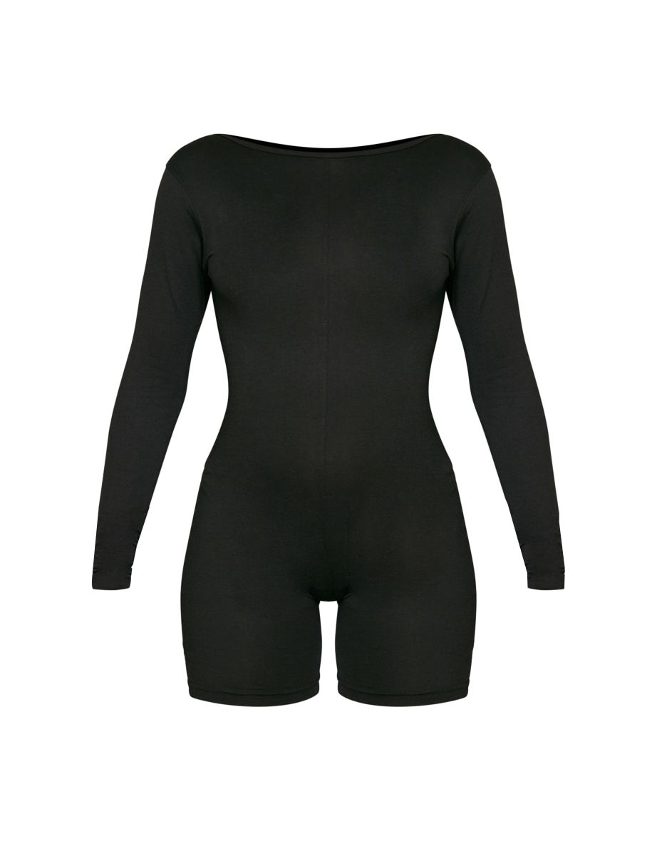 Black Scoop Back Long Sleeve Cotton Unitard - 4
