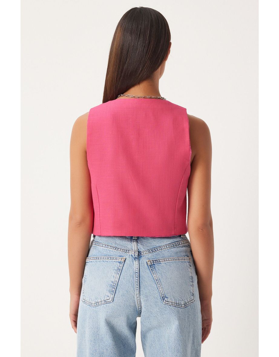 Women's Dark Pink Linen Short Waistcoat - 4