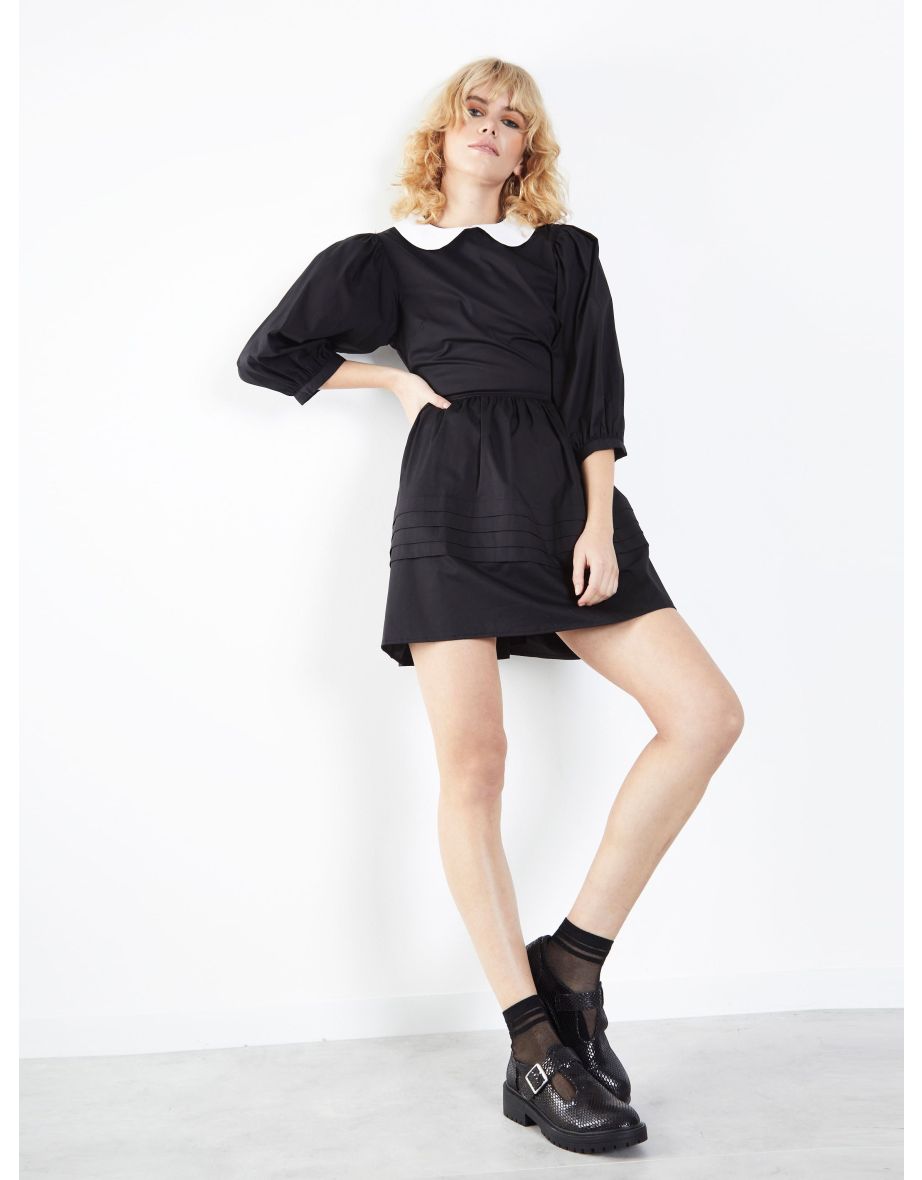 Black Pleated A-Line Mini Skater Dress