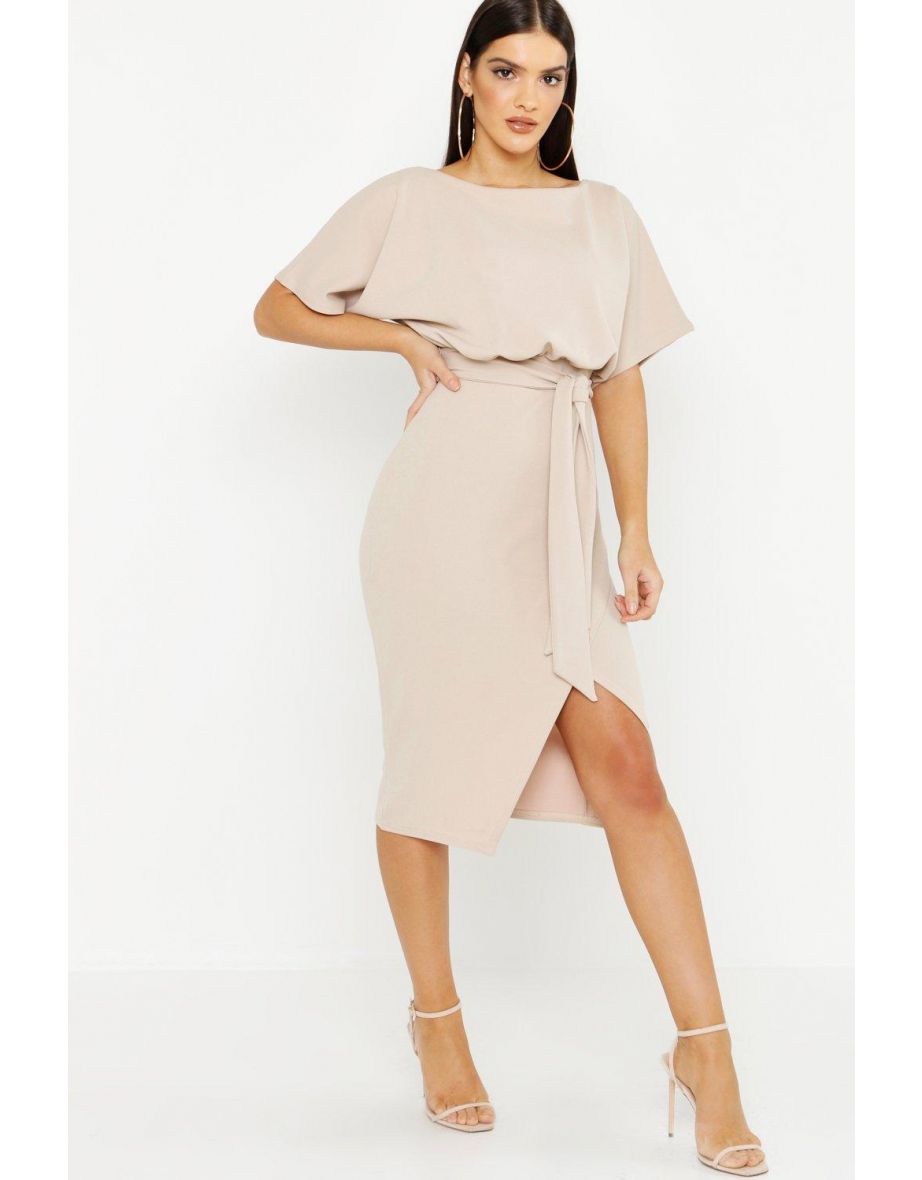 Slash Neck Tie Waist Midi Dress - stone