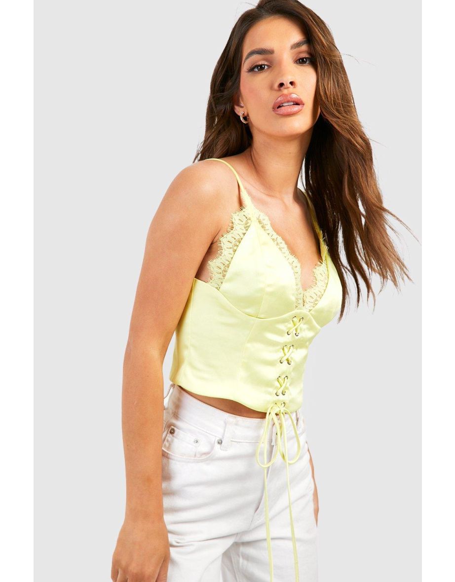 Satin Strappy Lace Up Corset Top - yellow - 3