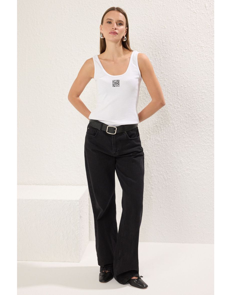 White Embroidered Fitted/Body-Sit Pool Collar Ribbed Flexible Knitted Undershirt