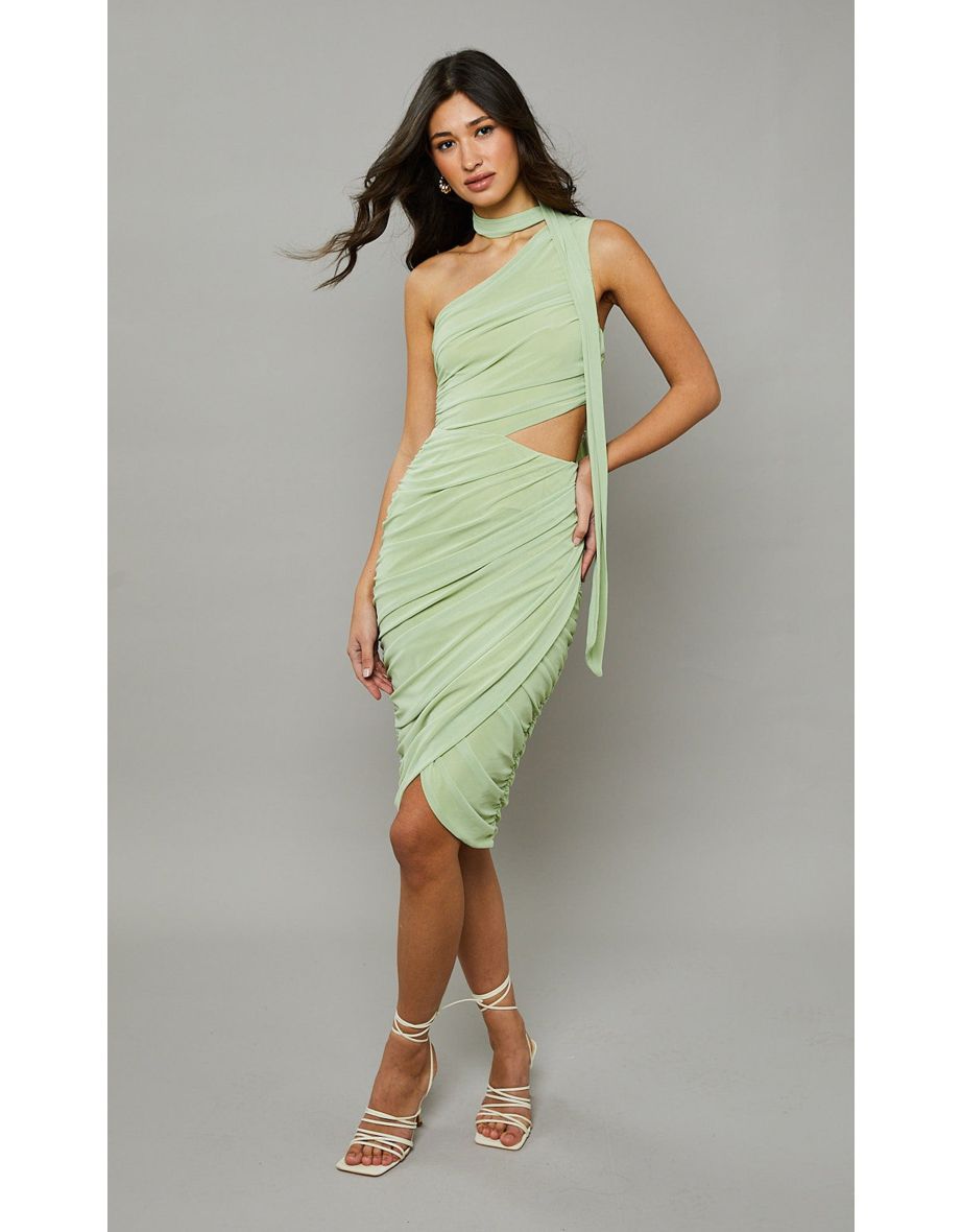 Green Ruched Cut-Out Midi Dress