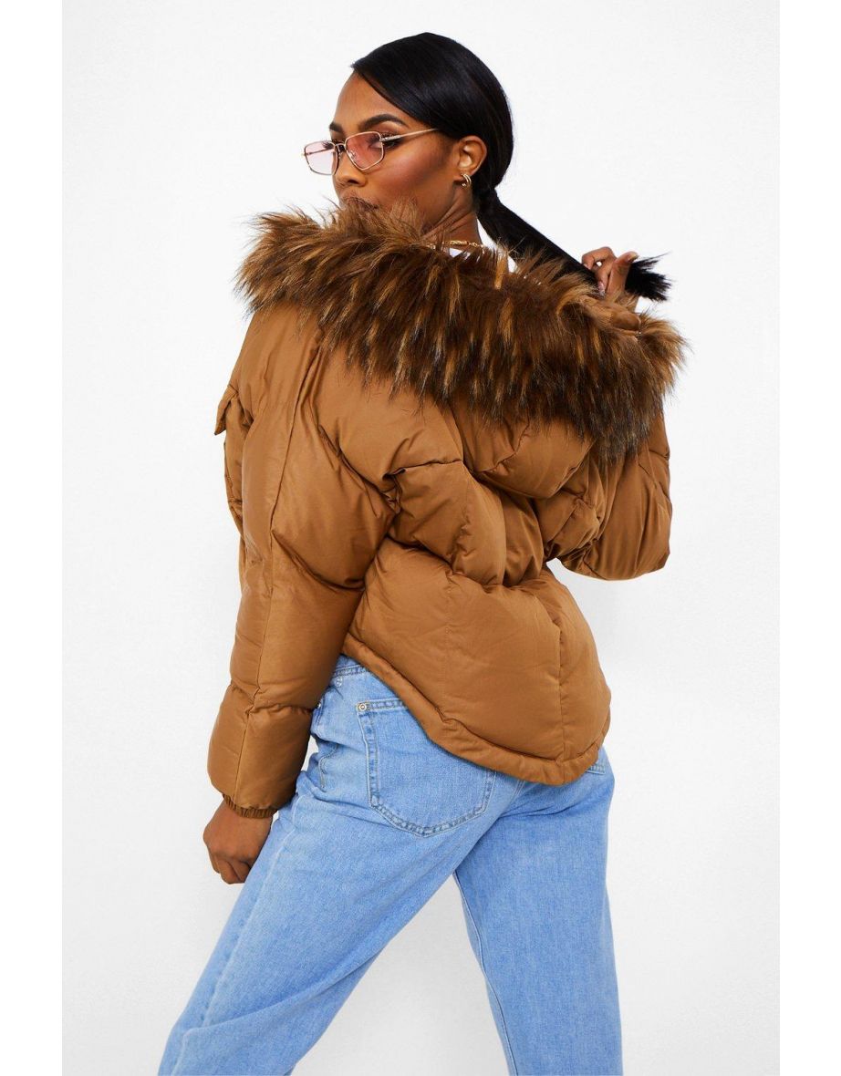 faux fur trim pocket detail puffer