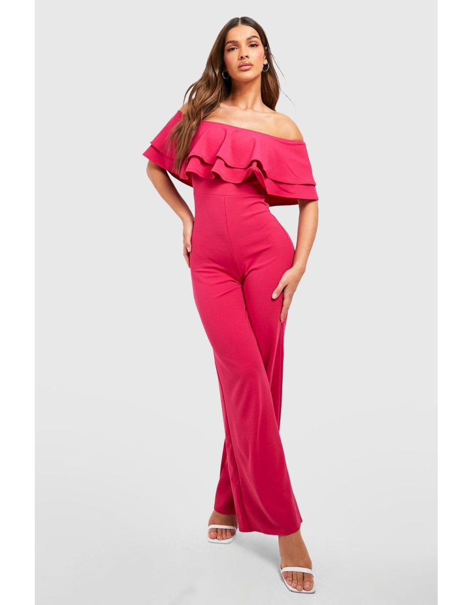 Wide Leg Ruffle Bardot Jumpsuit hot pink