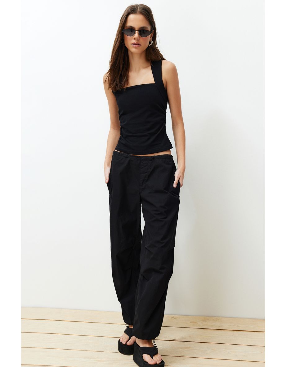 Black Plain Square Neck Strappy Gathered Knitted Top