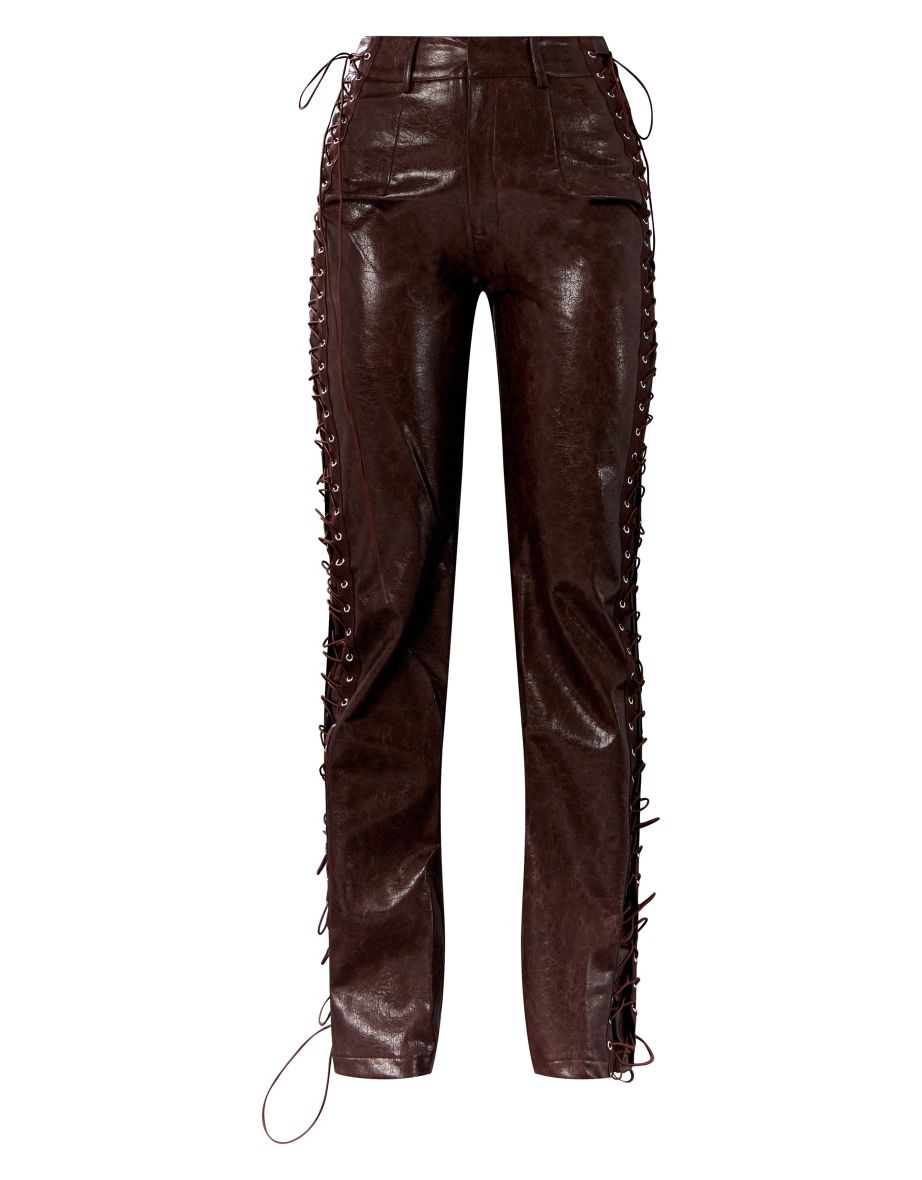 Rust Washed Faux Leather Lace Up Straight Leg Trousers - 4