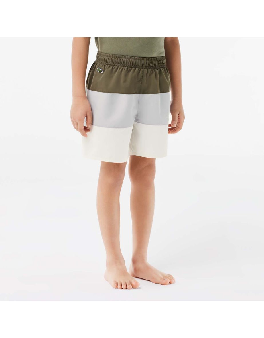 Boy's Lacoste Juniors Colour Block Taffeta Swim Trunks in Green