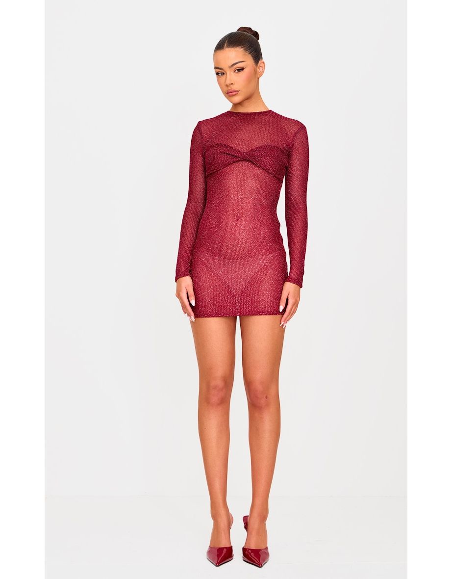 Cherry Red Metallic Ribbed Twist Bust Long Sleeve Mini Dress