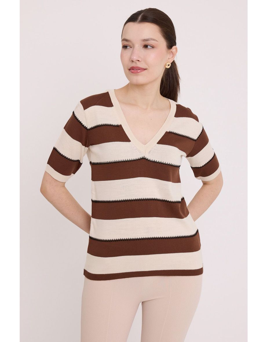 Women's Brown Cream Striped Short Sleeve Blouse