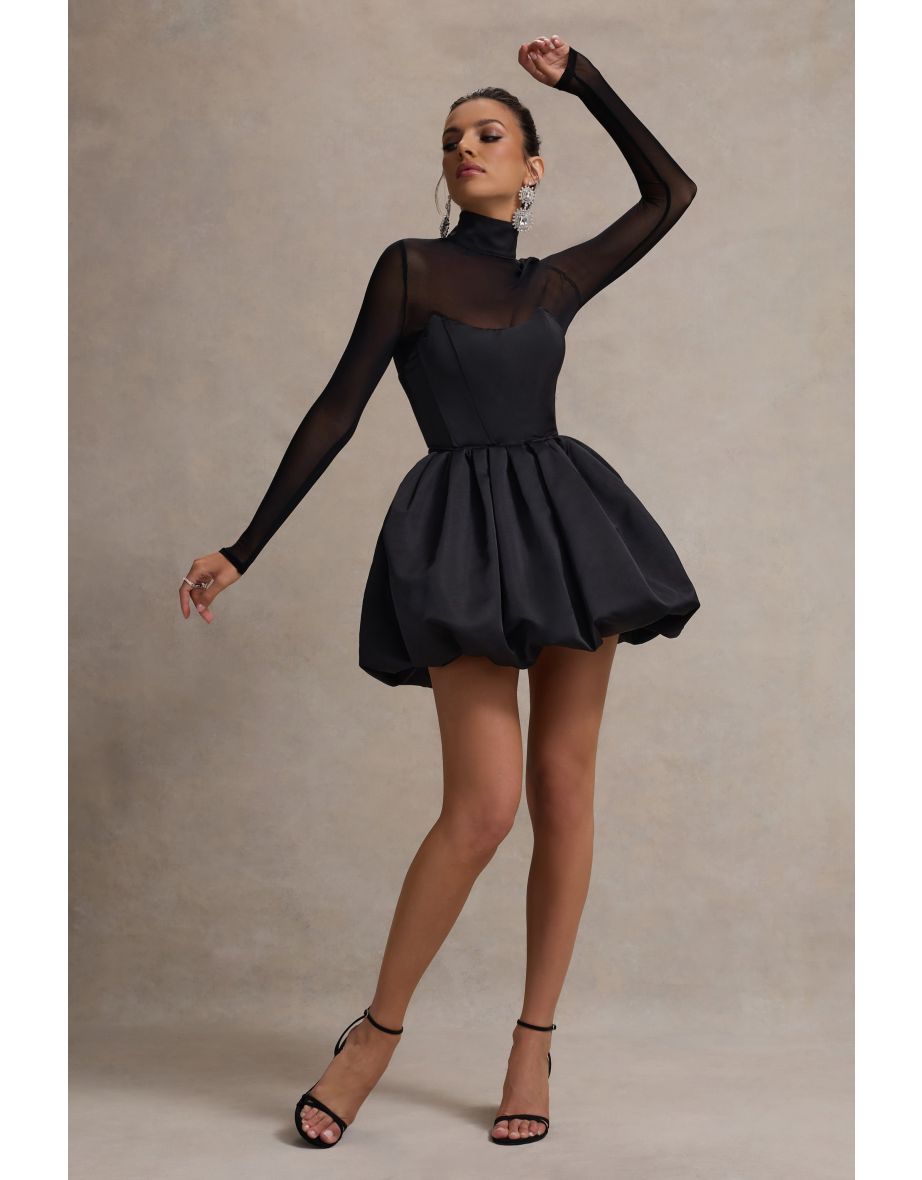 Jupiter | Black Satin High-Neck Mini Dress With Sheer Sleeves - 6