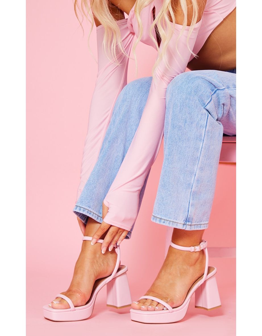 Pink Pu Square Toe Tube Barely There Platform Heels