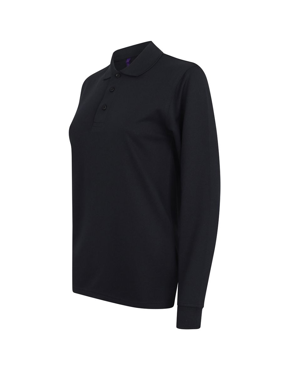 Henbury Mens Coolplus Moisture Wicking Long Sleeve Polo Shirt - Black - 3