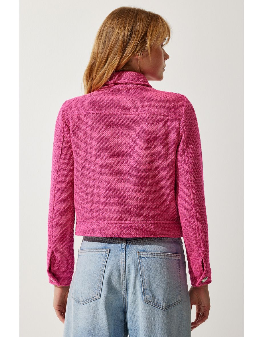 Women's Pink Stylish Buttoned Woven Tweed Jacket - 4